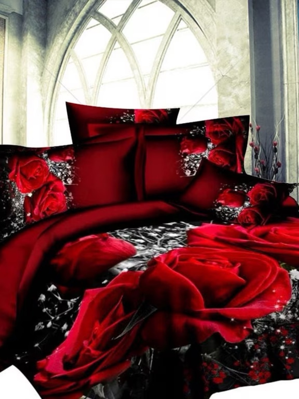 Gothic Red Rose Twin Duvet Cover Set 2PC Black Romantic Floral